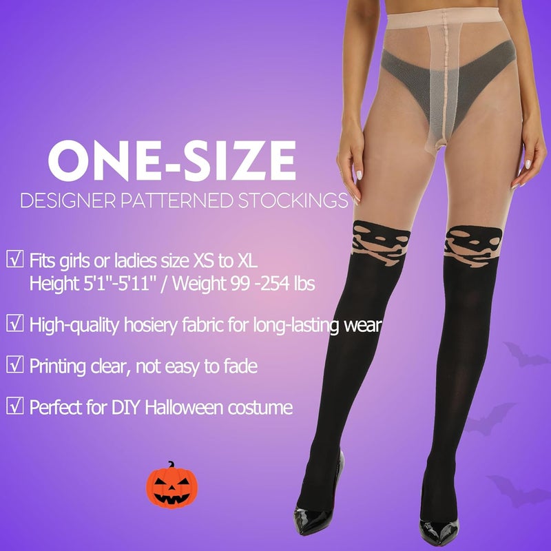 MANZI Women's Halloween Patterned Tights with Designs Skeleton Print Stockings Black and White Checkered Striped Pantyhose - Image 3